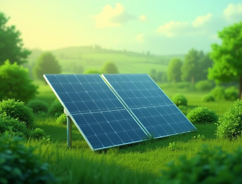 Solar panels and wind turbines in a green landscape representing renewable energy